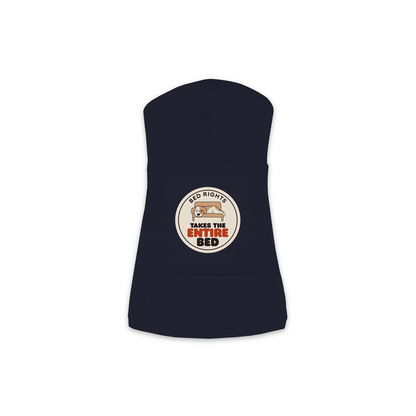 Takes The Entire Bed dog hoodie in Navy - back print, sizes XS to M