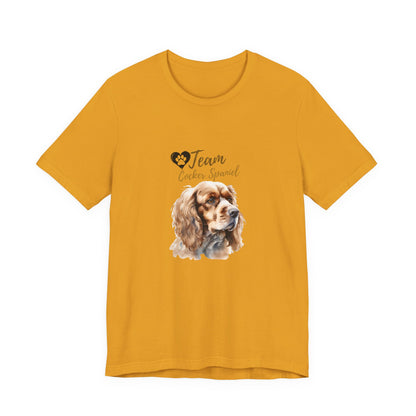 Team Cocker Spaniel watercolour t-shirt in Mustard, flat lay front view