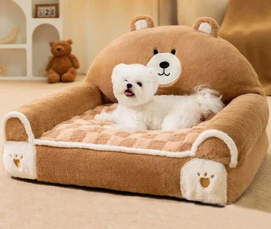 Small dog sleeping inside bear-shaped corduroy pet sofa bed, size S 40x30cm