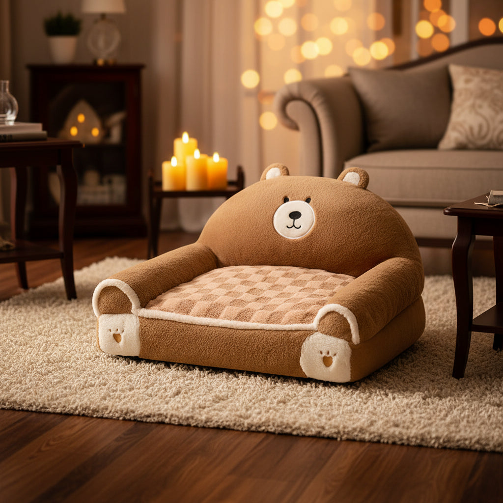 Brown bear-shaped corduroy plush pet sofa bed with checkered inner cushion, front view