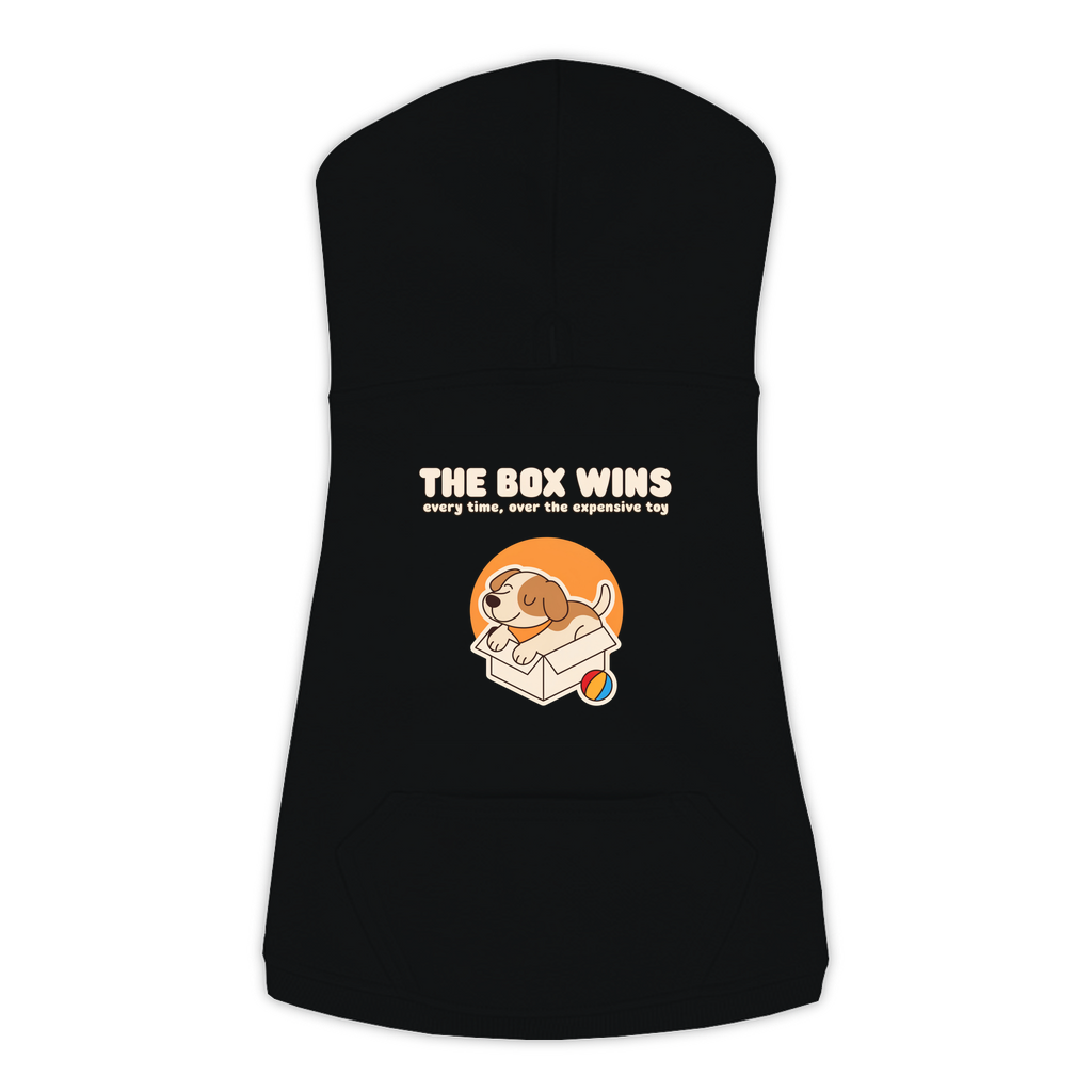 The Box Wins dog hoodie in Black — dog curled up in a cardboard box design, sizes L to 3XL