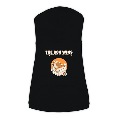 The Box Wins dog hoodie in Black — dog curled up in a cardboard box design, sizes L to 3XL