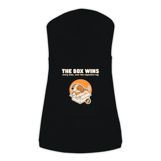 The Box Wins dog hoodie in Black — dog curled up in a cardboard box design, sizes L to 3XL