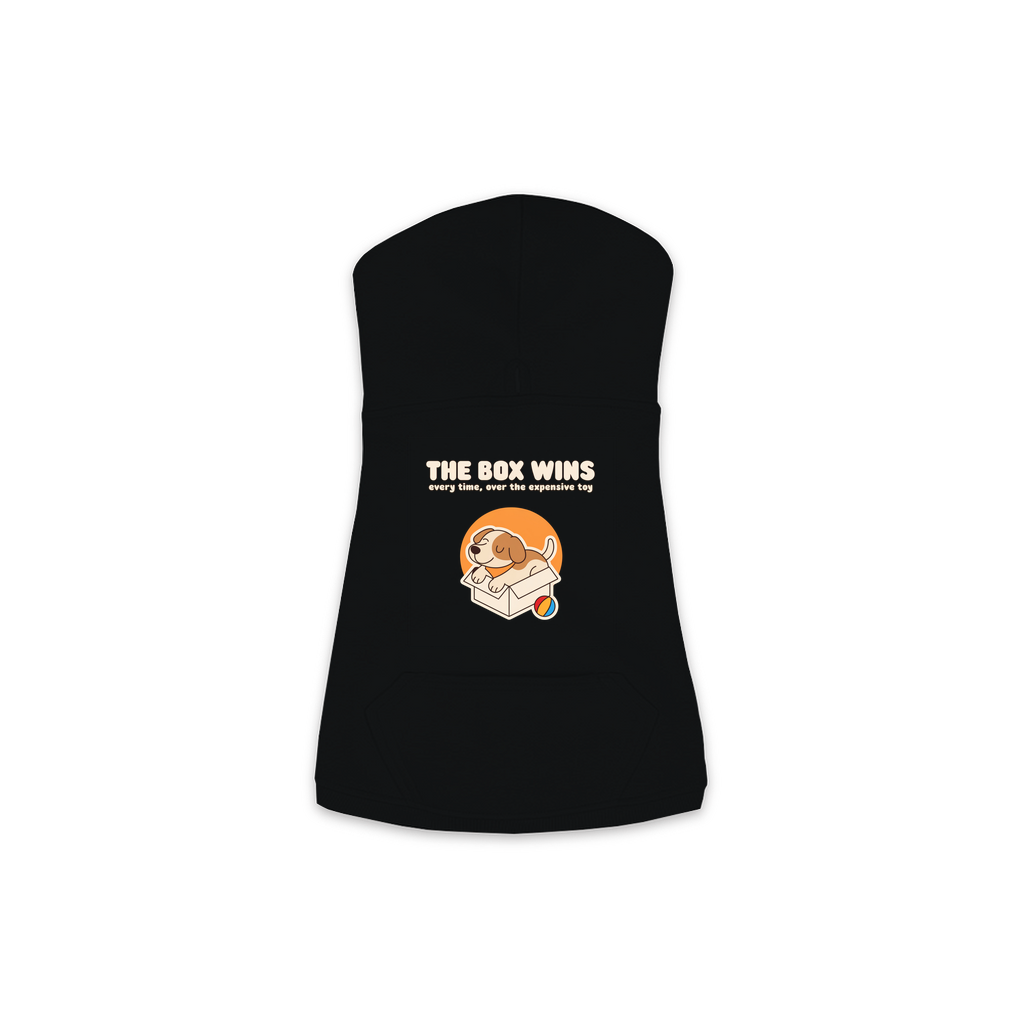 The Box Wins dog hoodie in Black — dog curled up in a cardboard box design, sizes XS to M