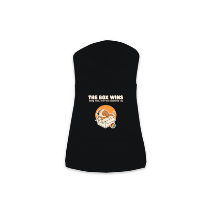 The Box Wins dog hoodie in Black — dog curled up in a cardboard box design, sizes XS to M