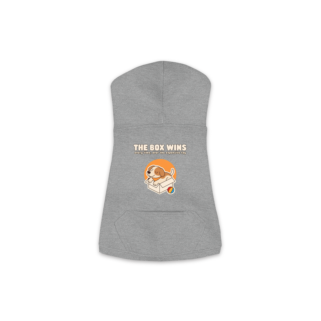 The Box Wins dog hoodie in Granite Heather — dog curled up in a cardboard box design, sizes XS to M
