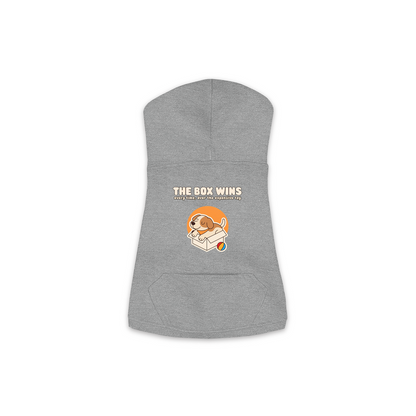 The Box Wins dog hoodie in Granite Heather — dog curled up in a cardboard box design, sizes XS to M