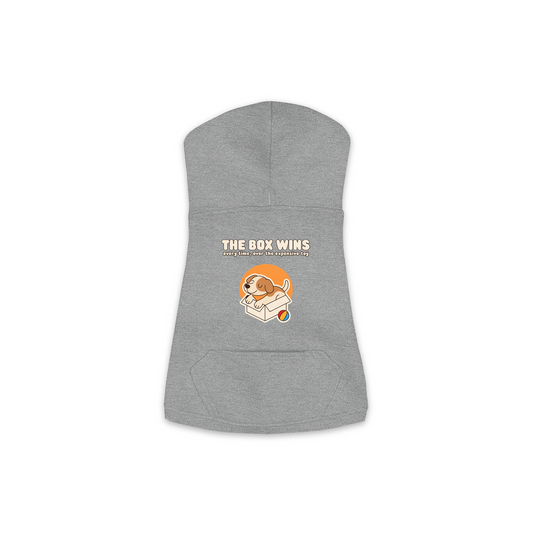 The Box Wins dog hoodie in Granite Heather — dog curled up in a cardboard box design, sizes XS to M
