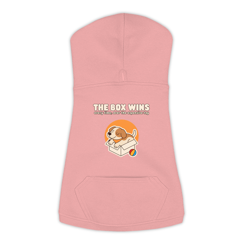 The Box Wins dog hoodie in Mauvelous — dog curled up in a cardboard box design, sizes L to 3XL