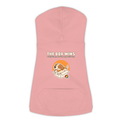The Box Wins dog hoodie in Mauvelous — dog curled up in a cardboard box design, sizes L to 3XL