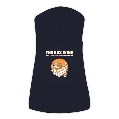 The Box Wins dog hoodie in Navy — dog curled up in a cardboard box design, sizes L to 3XL