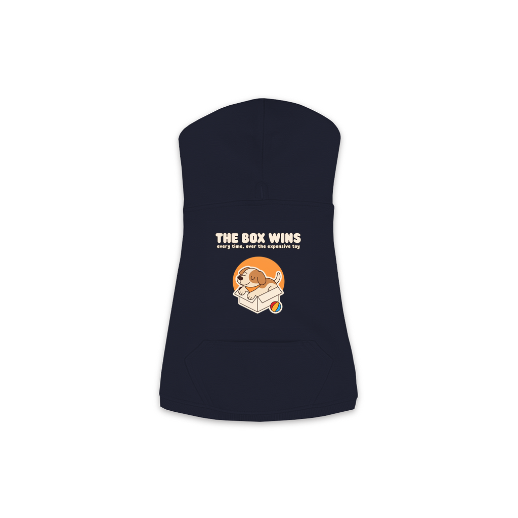 The Box Wins dog hoodie in Navy — dog curled up in a cardboard box design, sizes XS to M