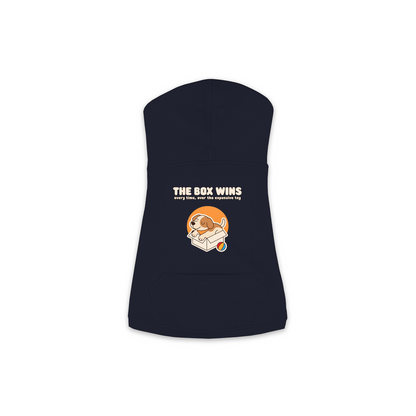 The Box Wins dog hoodie in Navy — dog curled up in a cardboard box design, sizes XS to M