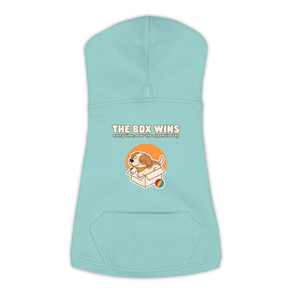 The Box Wins dog hoodie in Saltwater — dog curled up in a cardboard box design, sizes L to 3XL
