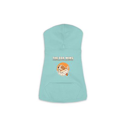 The Box Wins dog hoodie in Saltwater — dog curled up in a cardboard box design, sizes XS to M