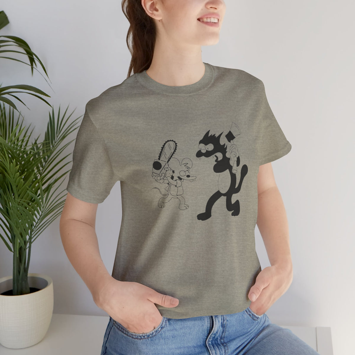 The Itchiest Scratchiest t-shirt — model wearing Heather Blue, cartoon graphic front