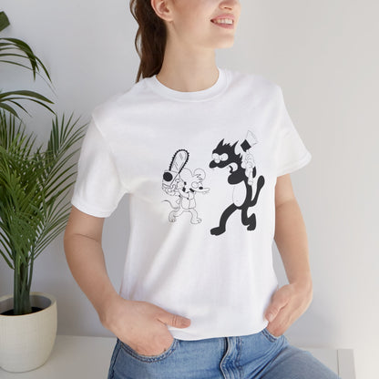 The Itchiest Scratchiest tee — Soft Pink, lifestyle shot, cat and mouse cartoon graphic tee