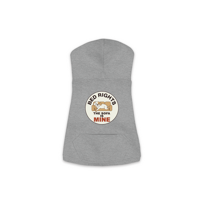 The Sofa Is Mine dog hoodie in granite heather grey, sizes XS to M