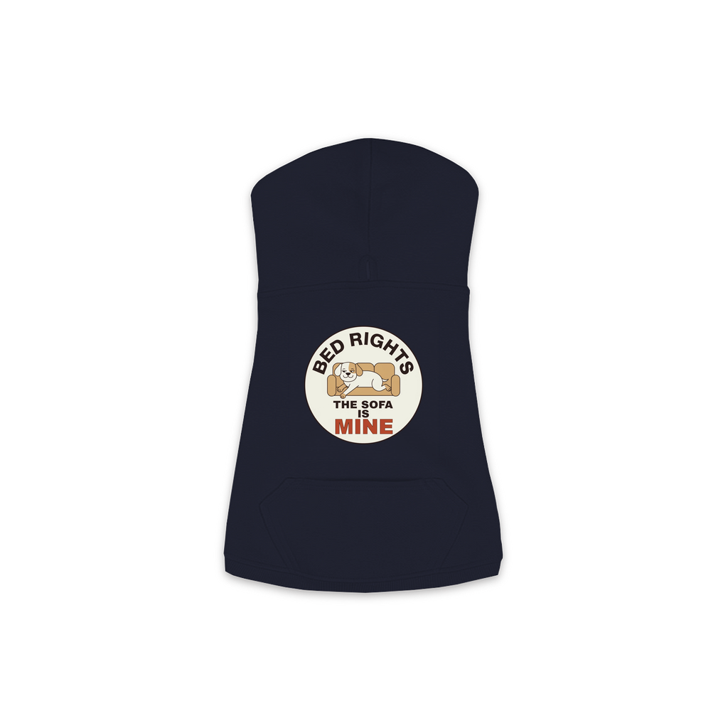 The Sofa Is Mine dog hoodie in navy, sizes XS to M