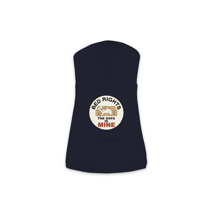 The Sofa Is Mine dog hoodie in navy, sizes XS to M
