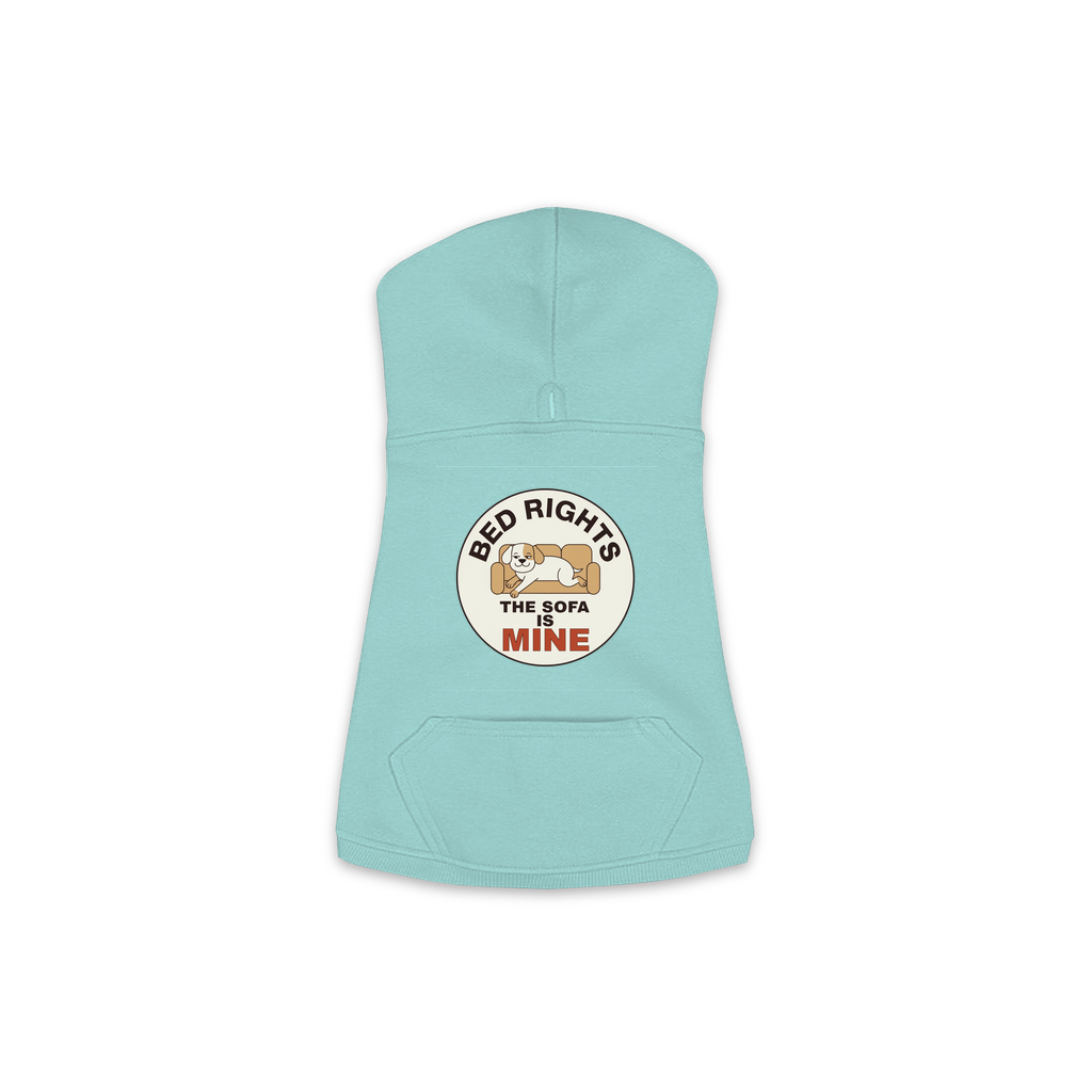 The Sofa Is Mine dog hoodie in saltwater blue, sizes XS to M