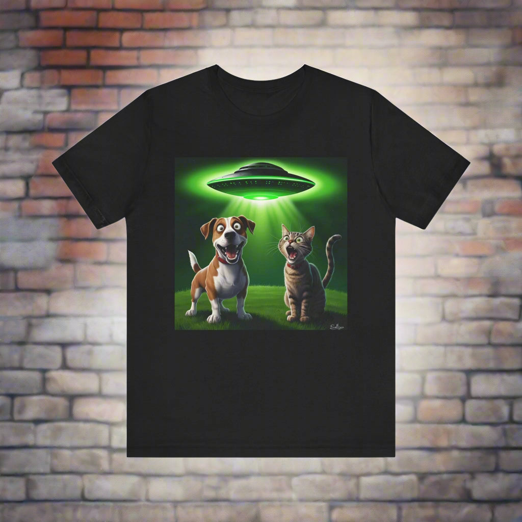 The Truth is Meowt There funny UFO cat and dog t-shirt in Black, front view