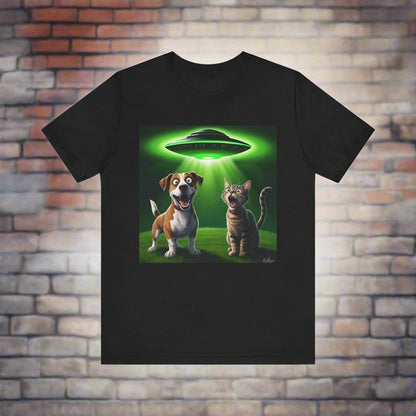 The Truth is Meowt There funny UFO cat and dog t-shirt in Black, front view