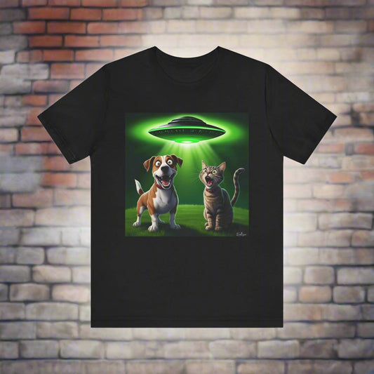 The Truth is Meowt There funny UFO cat and dog t-shirt in Black, front view