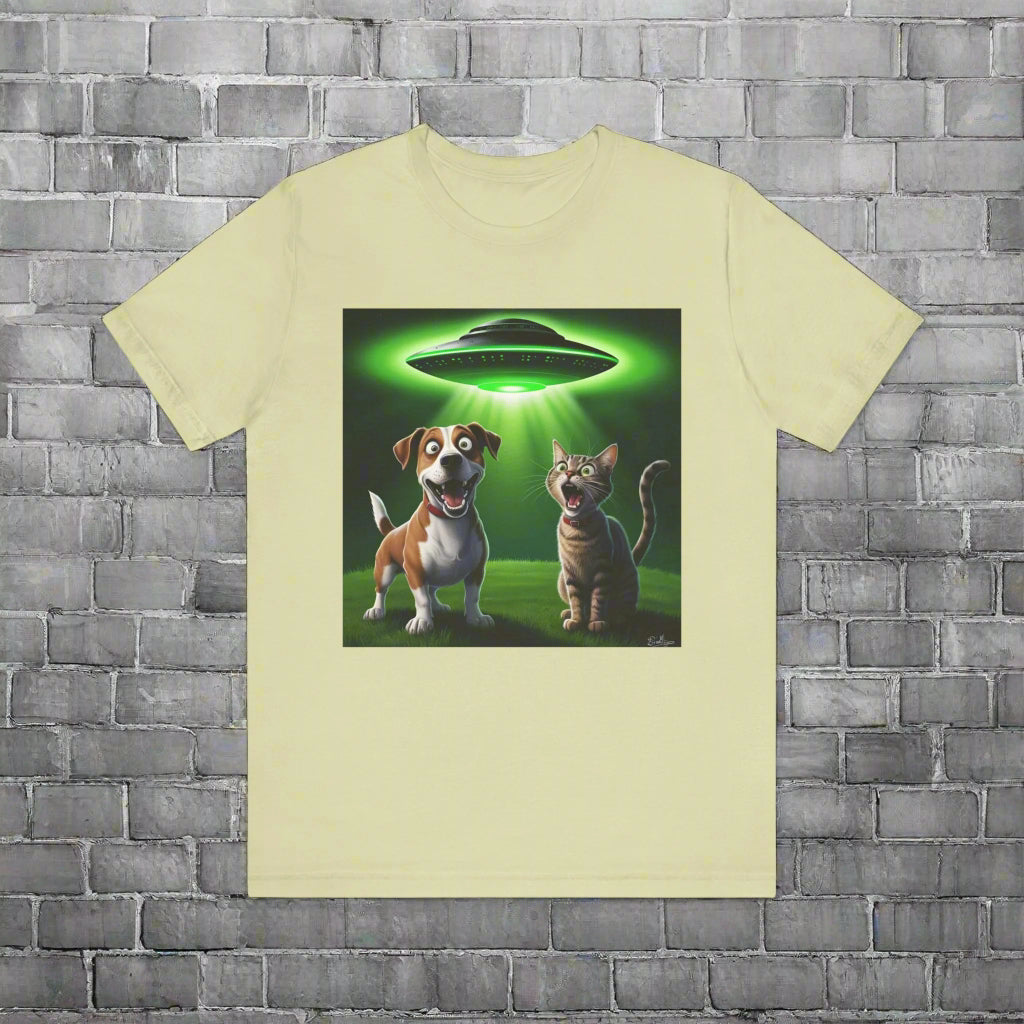 The Truth is Meowt There UFO cat and dog t-shirt, design close-up