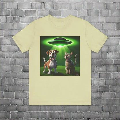 The Truth is Meowt There UFO cat and dog t-shirt, design close-up