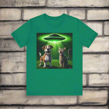 The Truth is Meowt There UFO cat and dog t-shirt in green, alternate view