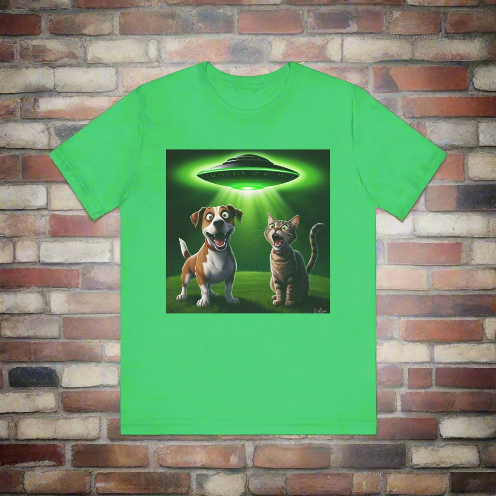 The Truth is Meowt There UFO cat and dog t-shirt in green, design detail