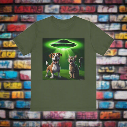 The Truth is Meowt There UFO cat and dog t-shirt in green, front view