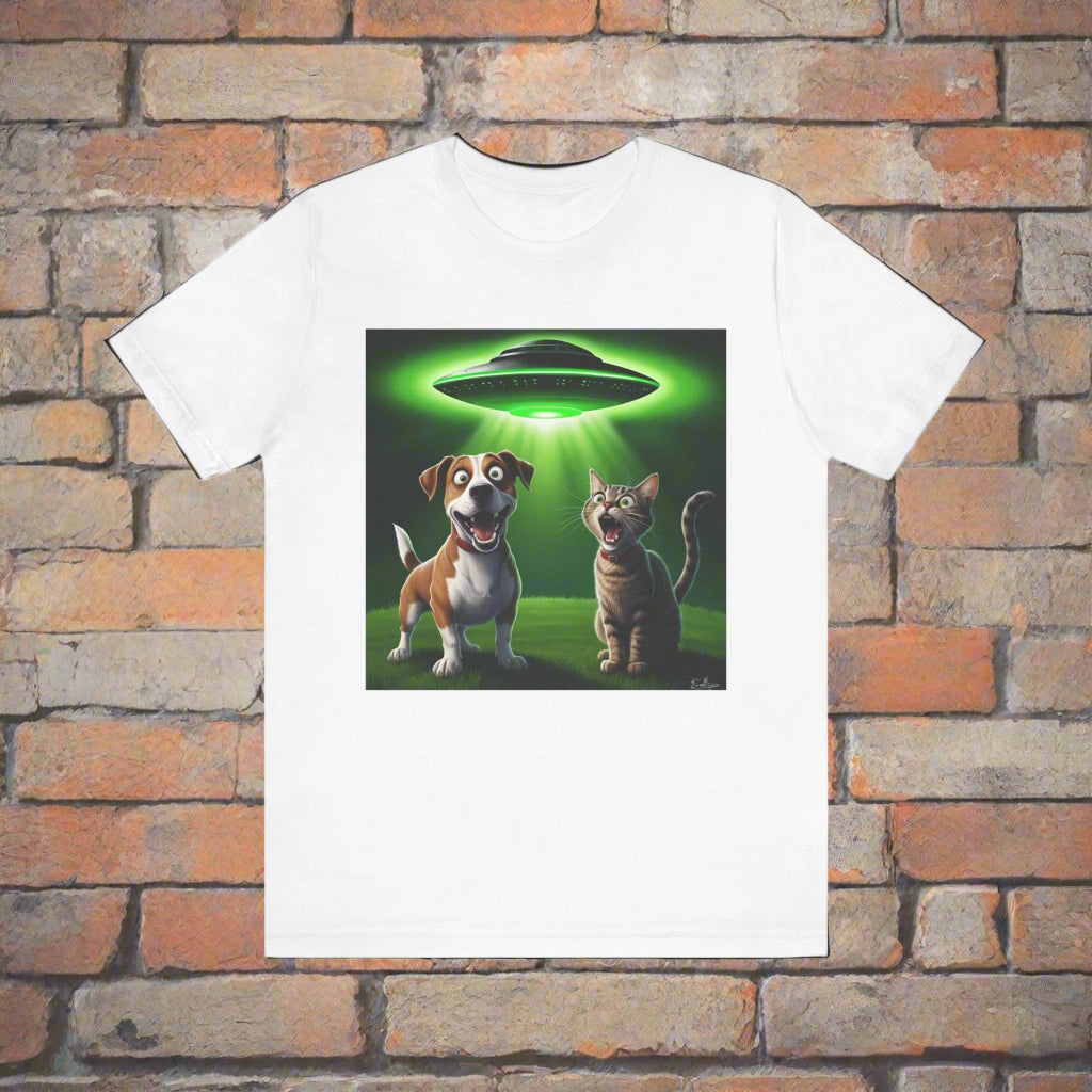 The Truth is Meowt There UFO cat and dog t-shirt in White, front view