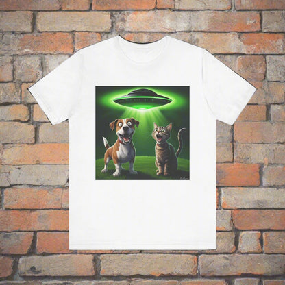 The Truth is Meowt There UFO cat and dog t-shirt in White, front view