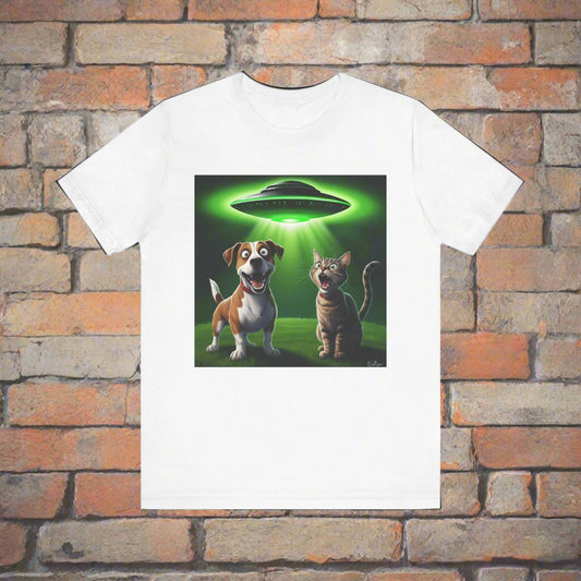 The Truth is Meowt There UFO cat and dog t-shirt in White, front view