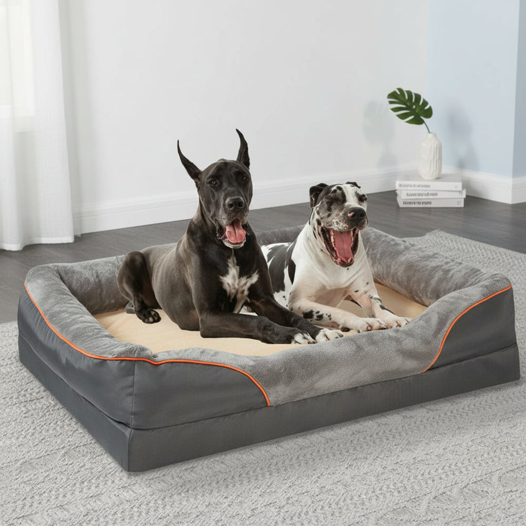 Two dogs sleeping on PoshPup SofaLux orthopedic sofa dog bed with bolster sides in living room