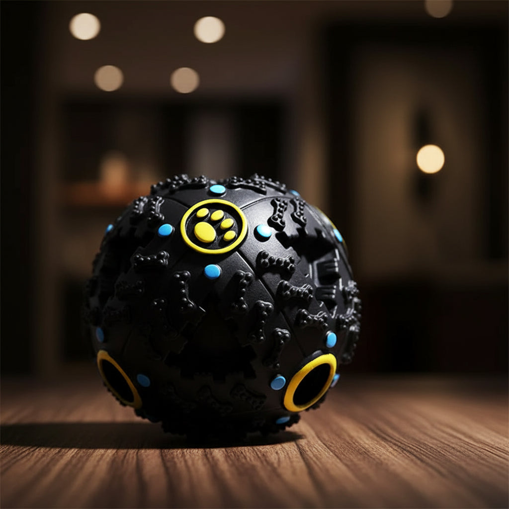 PoshPup TreatBall interactive treat dispensing dog toy with kibble scattered on floor