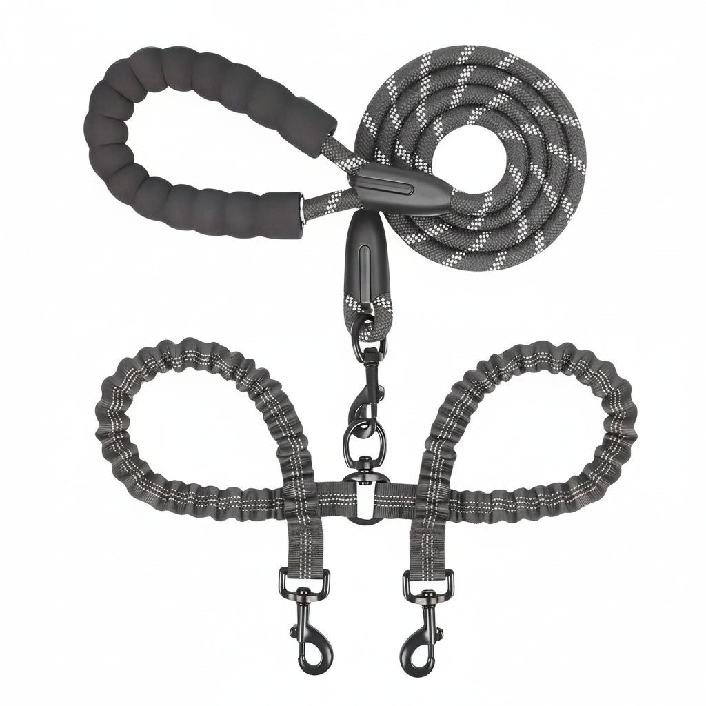 DuoWalk™ double dog lead feature callouts — foam handle, ring, reflective stitching, rock climbing rope, bungee coupler, carabiners