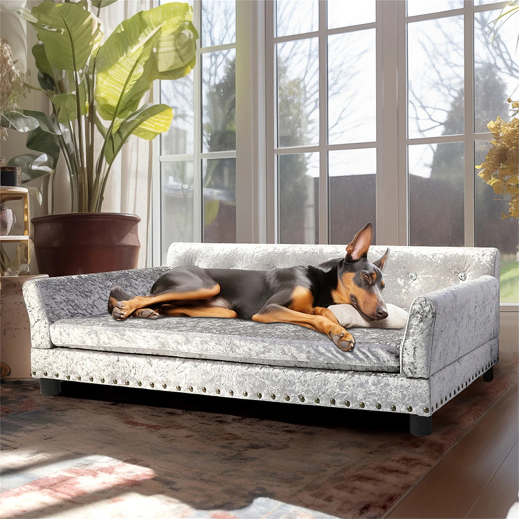 Large dog sofa bed with diamond tufting and crystal buttons in crushed velvet