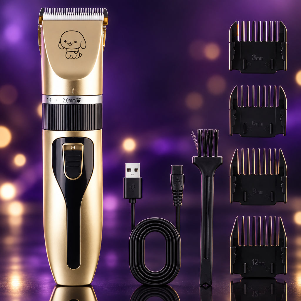 TidyCoat pet clipper kit with USB charging cable, four guide combs and brush