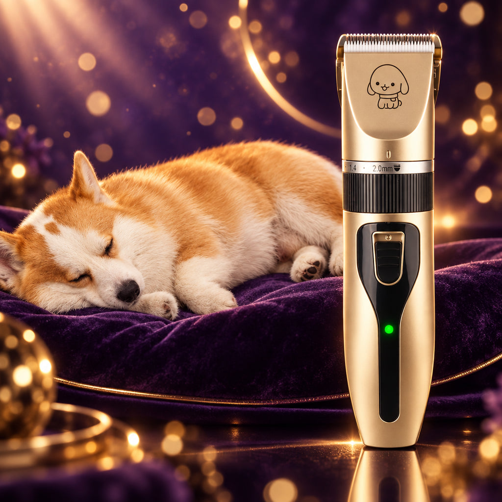 TidyCoat cordless clippers next to a relaxed corgi