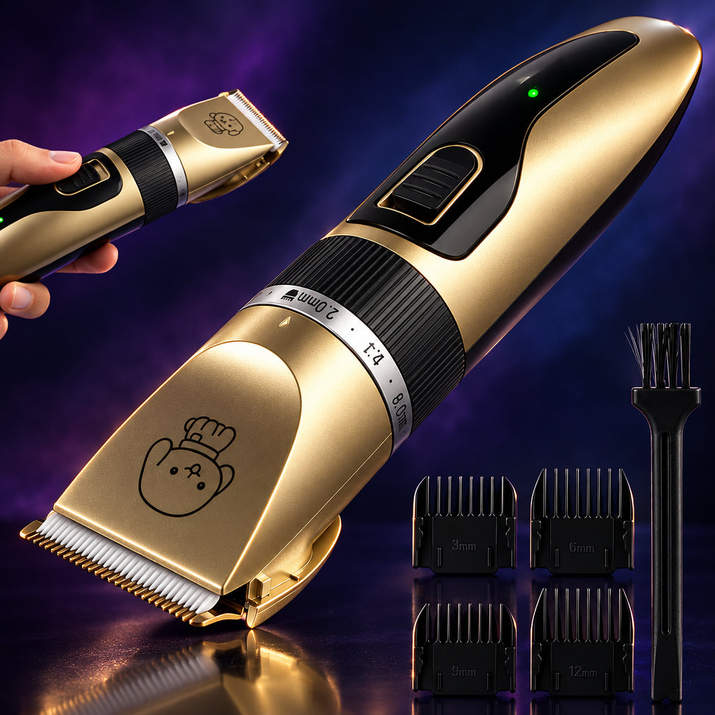 Gold cordless pet hair clippers with four guide combs and a cleaning brush