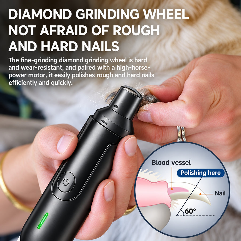 Diamond grinding wheel on the TidyNail grinder smoothing a dog's nail