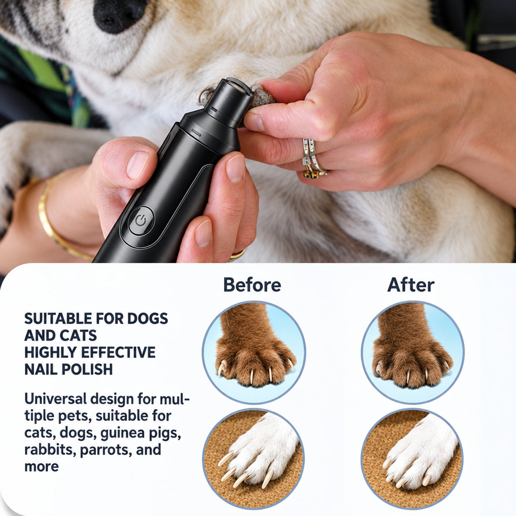 Gently grinding a dog's nail with the TidyNail grinder, before and after