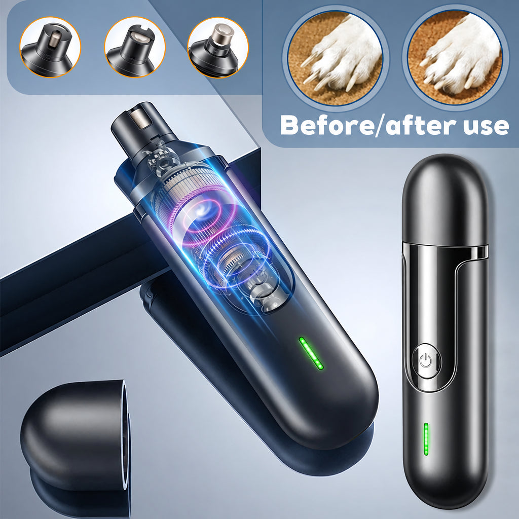 TidyNail rechargeable pet nail grinder with before and after paw results