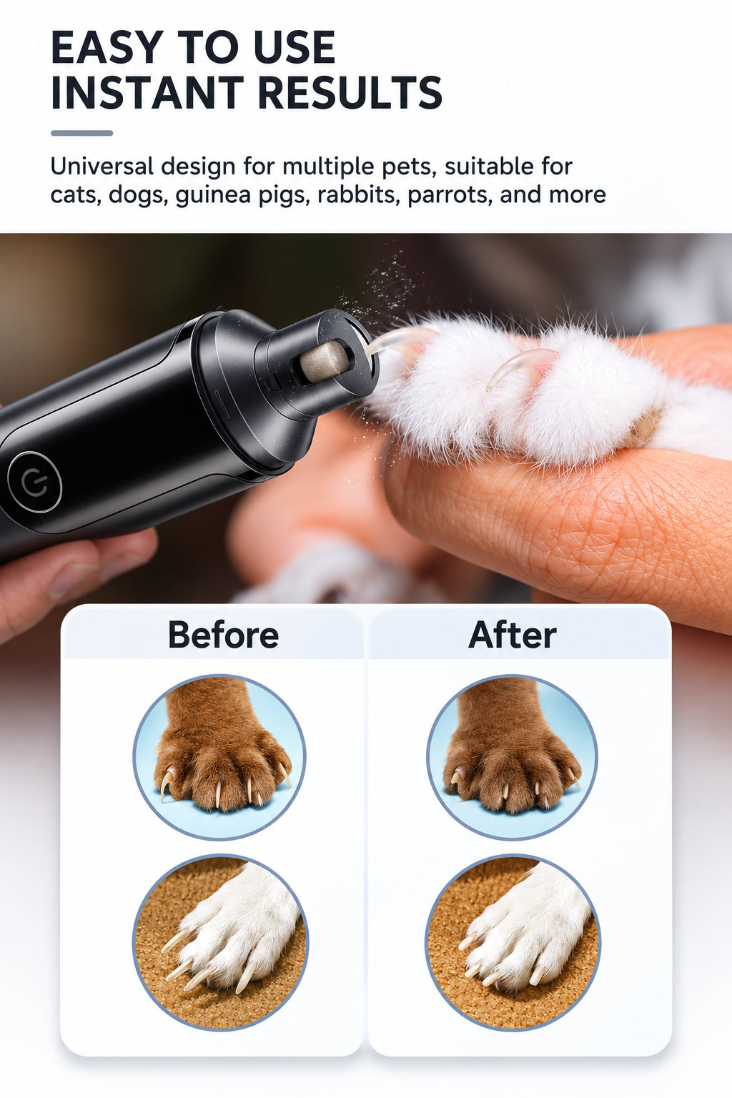TidyNail grinder giving a quick, smooth nail finish on a paw