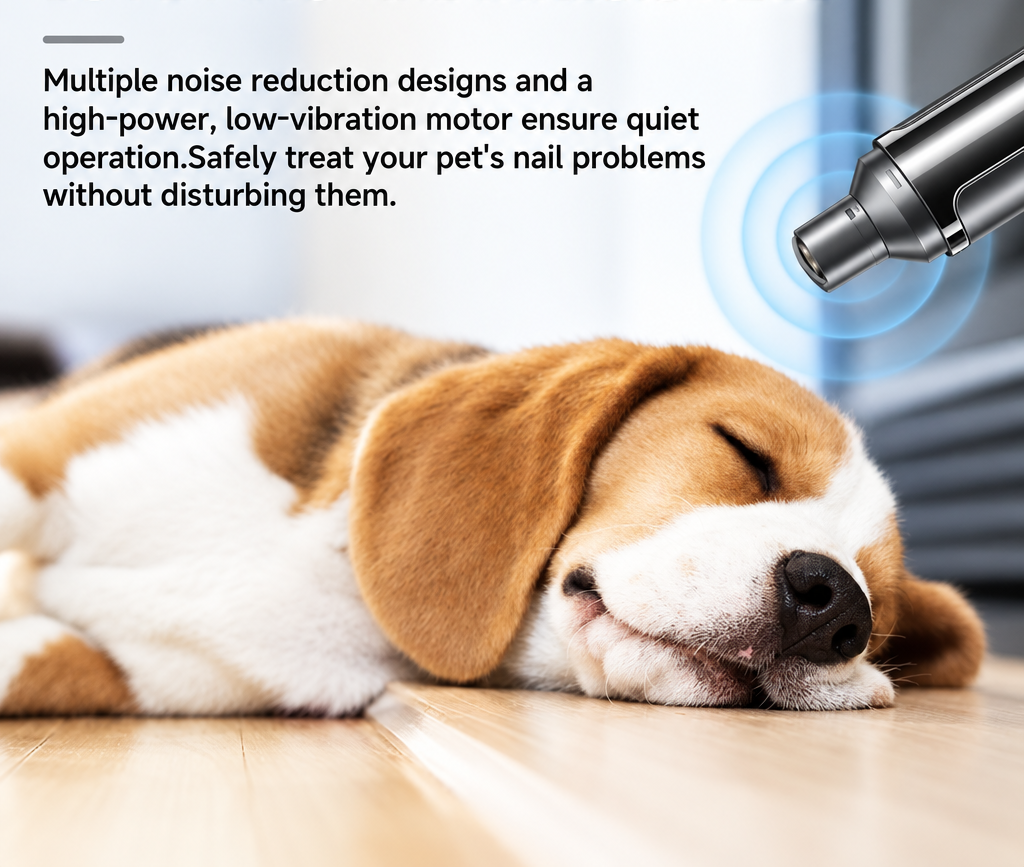 Quiet low-vibration TidyNail nail grinder beside a relaxed dog