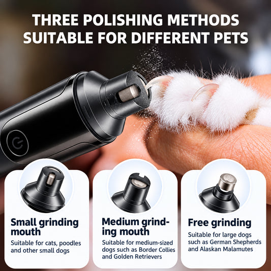 Three grinding head sizes for the TidyNail nail grinder shown on a paw