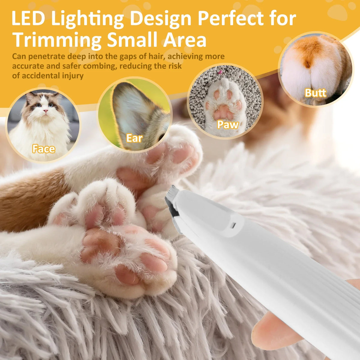 LED light on the TidyPaw trimmer helping trim fur between small paw pads